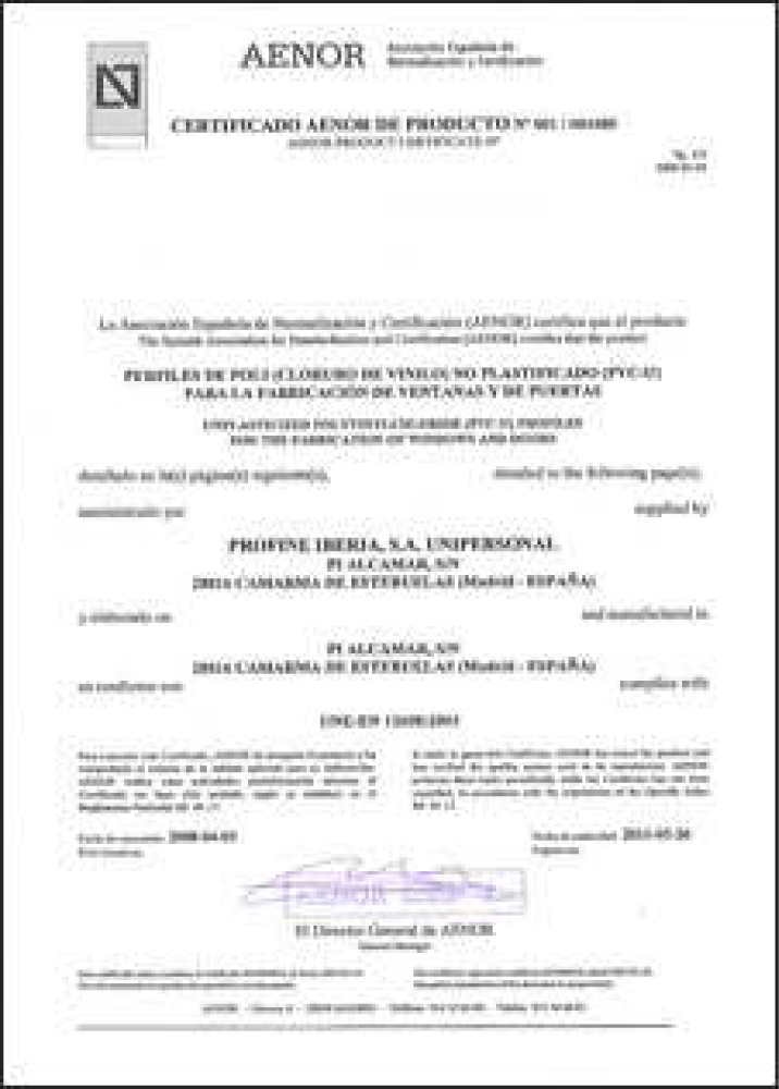 Certificado AENOR Producto 2 | Ibarra Ventanas